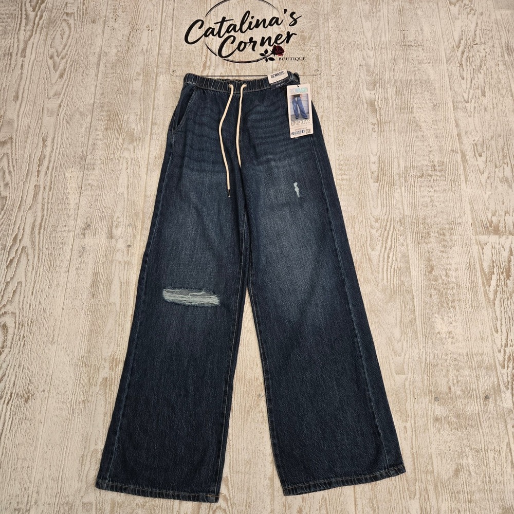 Rewash Effortless Denim Sporty Baggy Dark Jeans Distressed Wide Leg Size 5/27